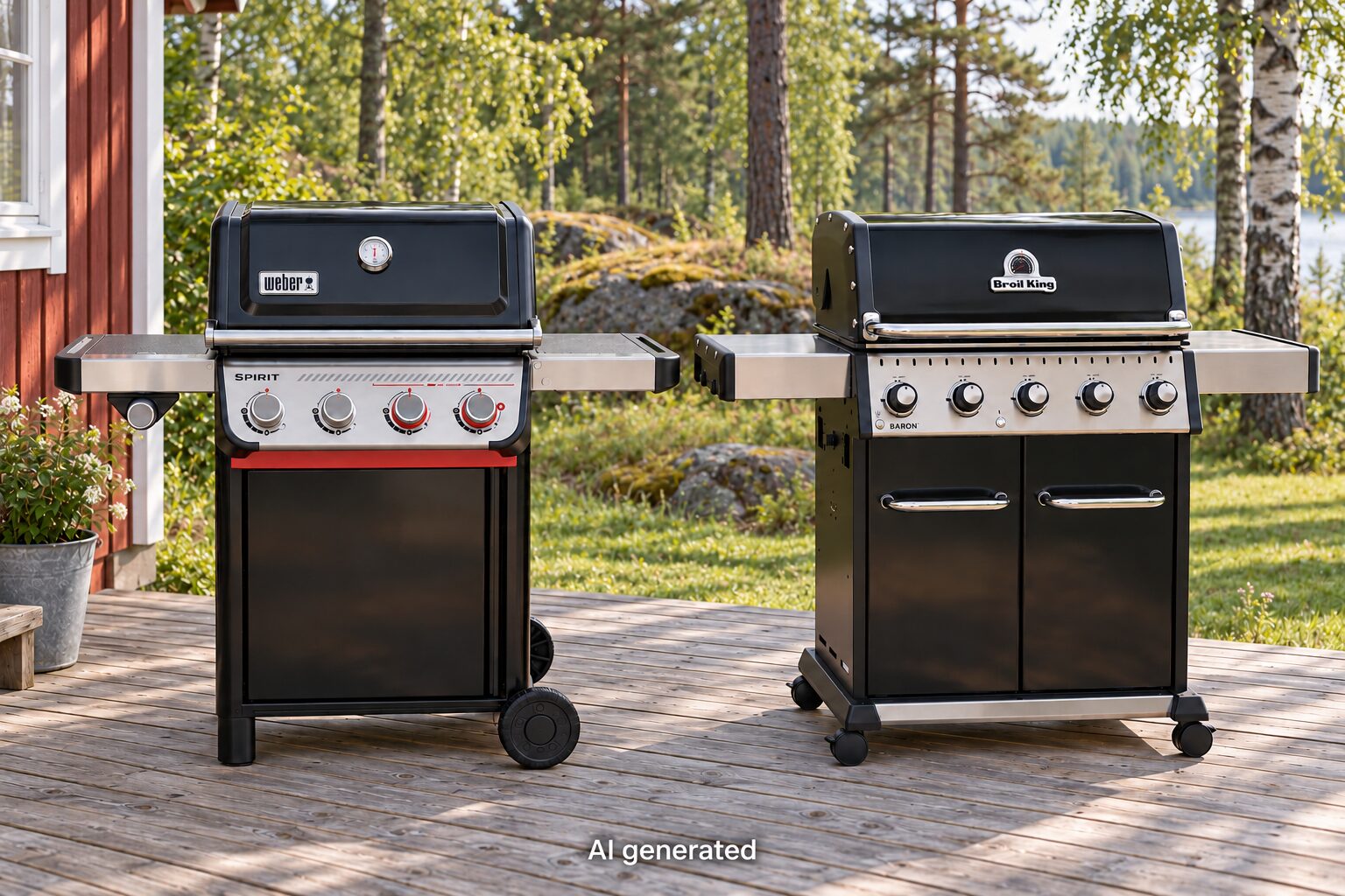 Weber Spirit E-435- ja Broil King Baron 520 -kaasugrillit puuterassilla punaisen mökin edessä. Tekoälyllä luotu havainnekuva.